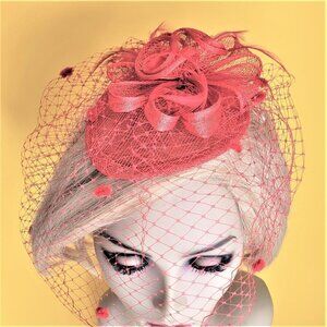 Red Fascinator with Birdcage Netting Veil and Feathers